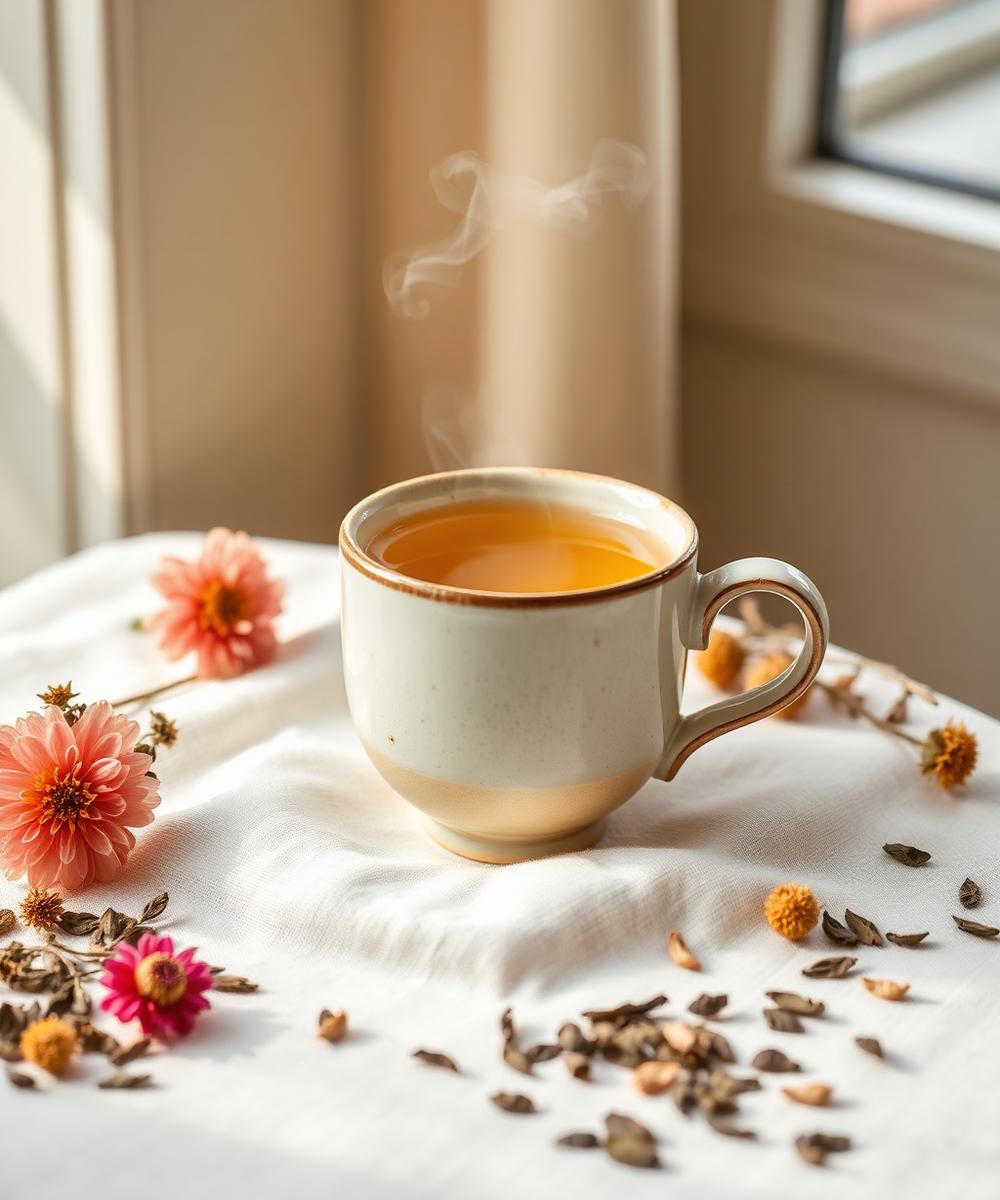 A warm cup of herbal adaptogenic tea beside loose dried herbs
