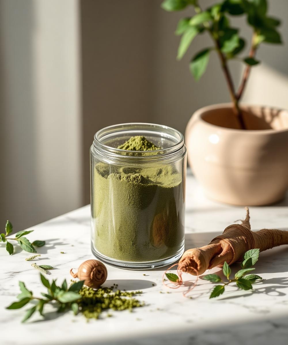 Whole-food herbal nutrition powder beside the whole grains and herbs it was made from