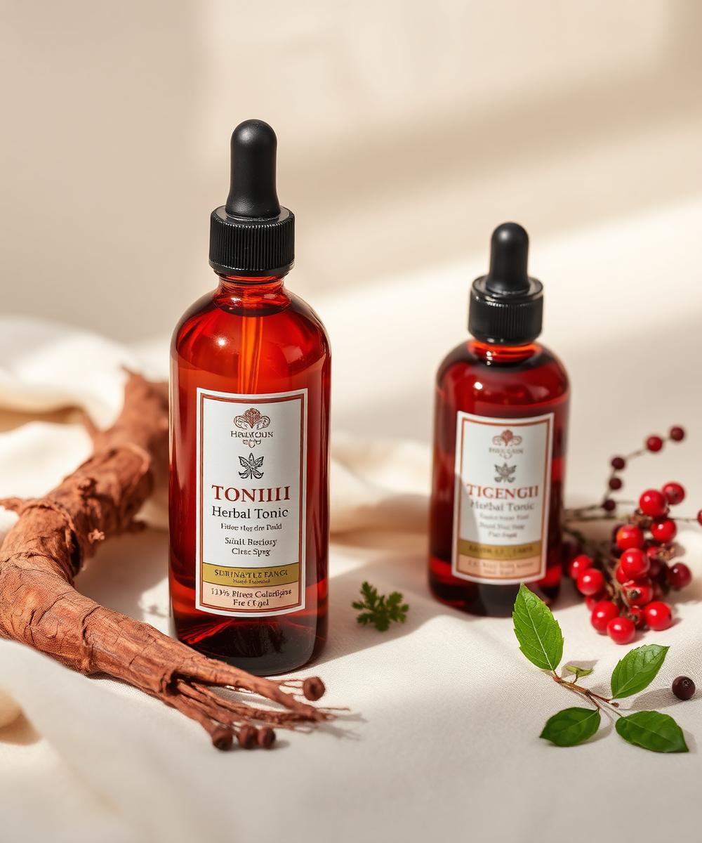 Botanical skincare oils and herbal creams arranged on a stone tray