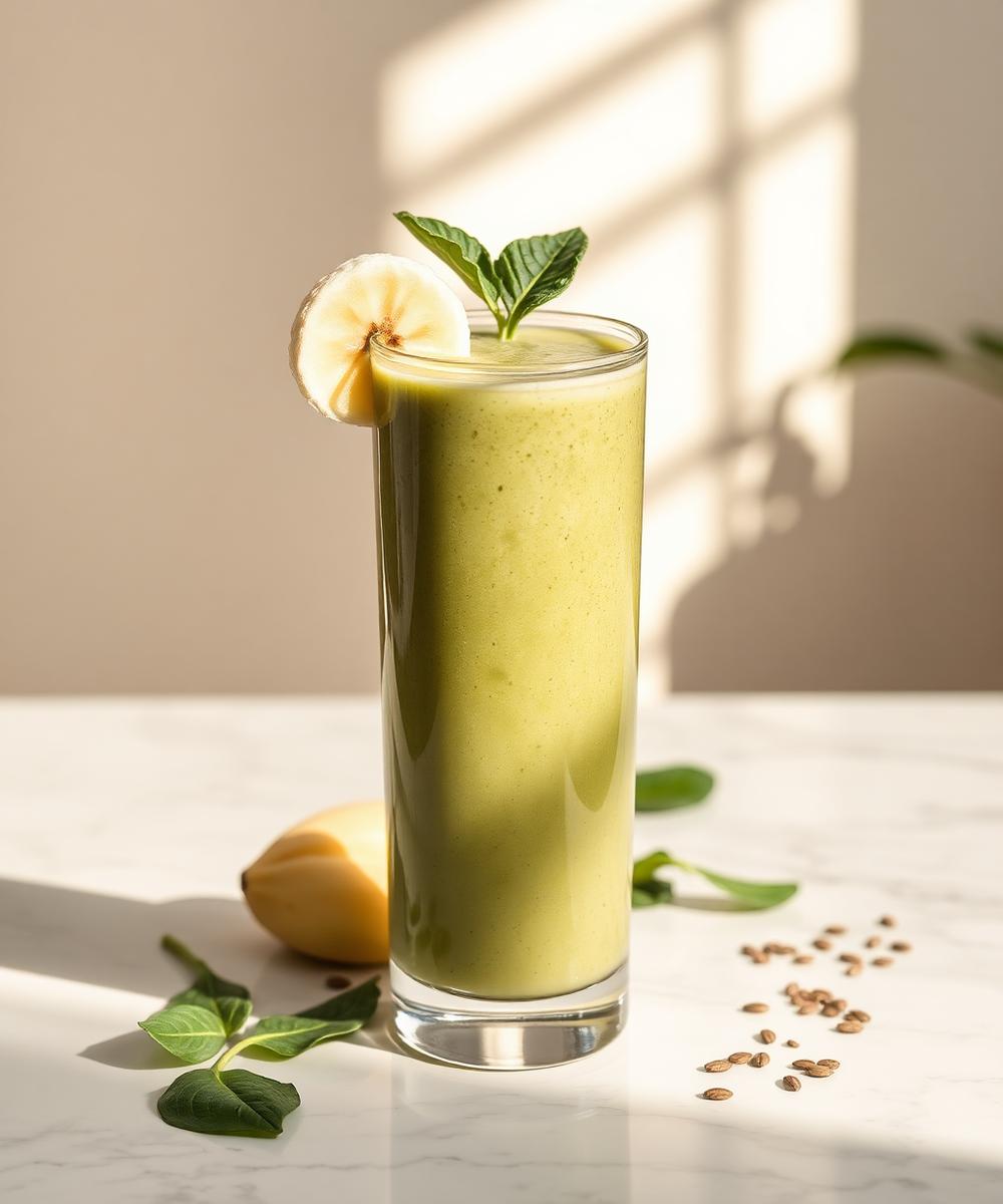 Plant-based protein shake powder in a glass jar beside fresh ingredients